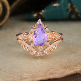 Luxury 4 Prong Pear Cut Amethyst Stackable Ring Set